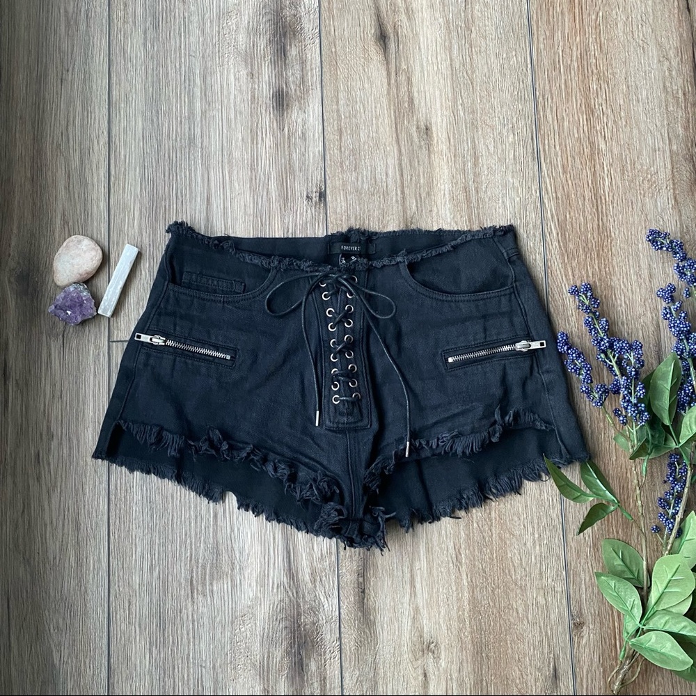 Forever 21 Black Lace Up High Rise Shorts Raw Hem Size 27